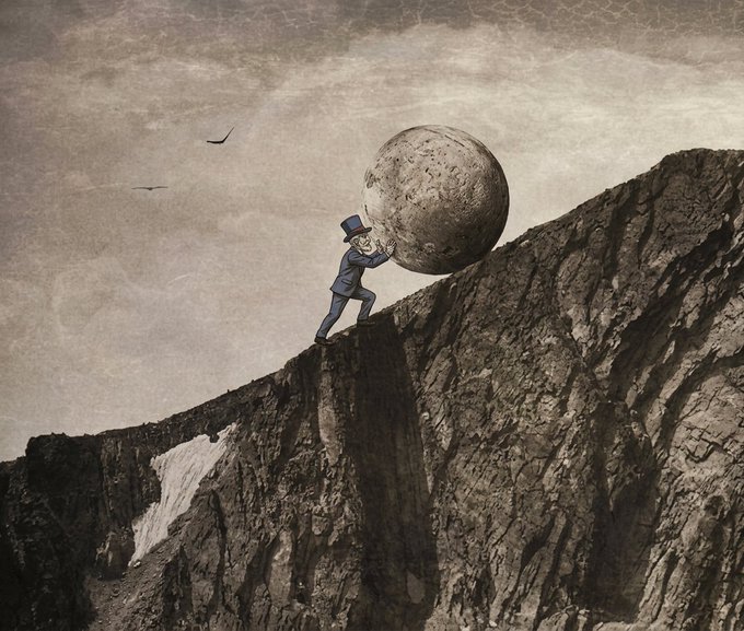 A vintage-style illustration shows a small man in a top hat straining to push an enormous boulder up a steep rocky cliff, with birds flying in the sepia-toned sky above—evoking the Sisyphean effort of meme token holders trying to push prices ("makoooor") higher against overwhelming odds.
