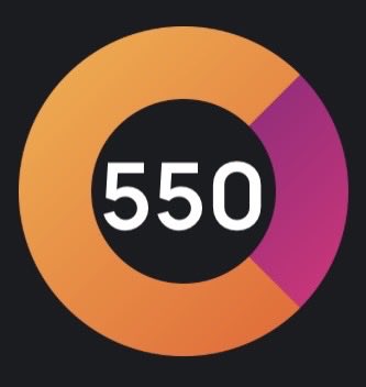 A minimalist logo featuring the number '550' in white inside a black circle, surrounded by an orange ring with a small pink section, set against a dark gray background.