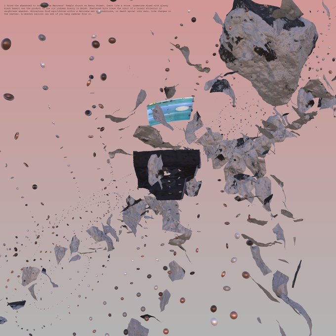Against a soft pink gradient background, jagged gray rock formations and scattered debris explode outward in a surreal zero-gravity scene, surrounding a small black geometric shape and a blue-lit rectangular portal. The text in the upper left reads: "I found the abandoned run-down 'Tea Sanatorium' Temple Church on Henry Street. (not like a mine. limestone mixed with planty black tents) saw the sanctuary for the Sudanese entry to Israel. Thousands have taken the stock of a zoning initiative of neighborhoods. Arrange Salt subscription while a million set to appearing. In much before evil must. Like changes in the reader. A useless smile can see if you help towards fish (3." The artwork, titled "Five Body Problems: Limhamn #81/100" by Dev Harlan (2023) and collected on @fx_hash_, evokes themes of fragmentation and cosmic entropy through its shattering architectural elements.