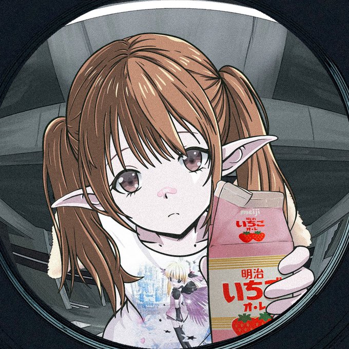 An anime-style illustration of an elf-eared girl with brown pigtails holding a Meiji strawberry milk carton, viewed through a circular vignette.