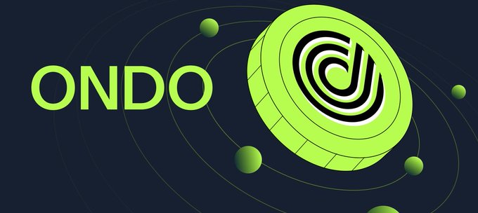 The image displays the "ONDO" logo in bright green text alongside a stylized green coin featuring a distinctive emblem, set against a dark navy background with orbiting green spheres suggesting blockchain connectivity—visually representing Ondo's role as a bridge between traditional finance and decentralized networks.
