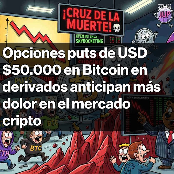 A cartoon-style image with the Spanish text 'Opciones puts de USD $50.000 en Bitcoin en derivados anticipan más dolor en el mercado cripto' overlaid, with background elements including '¡CRUZ DE LA MUERTE!', 'OPEN INTEREST SKYROCKETING', and various crypto-themed characters.