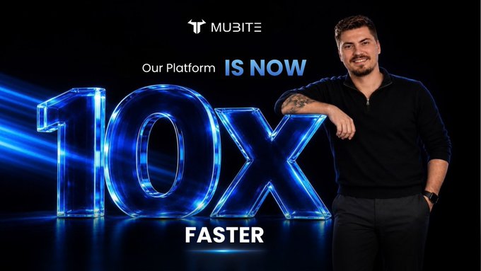 An advertisement for Mubitek features a man leaning against large, glowing blue '10X FASTER' text with the tagline 'Our Platform IS NOW'.