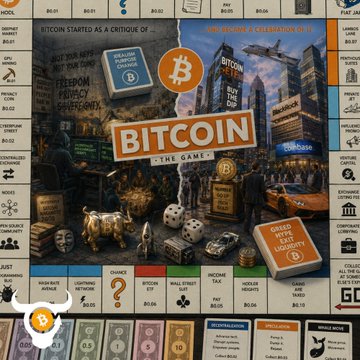The image features a board game called "Bits". The game's title reads "Bits" with an orange background and white text. The game board displays various elements related to Bitcoin, such as coins, buildings, and people. The game is designed to be both educational and entertaining, teaching players about the concept of Bitcoin while also providing a fun experience.