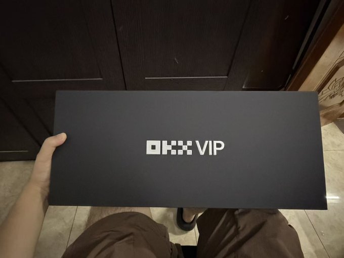 A person holds a black rectangular box displaying the 'OKX VIP' logo in white text.