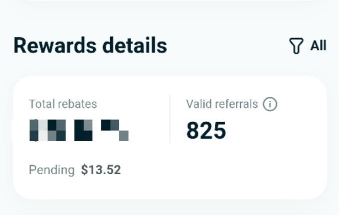 A 'Rewards details' screen showing blurred 'Total rebates', '825 Valid referrals', and 'Pending $13.52'.