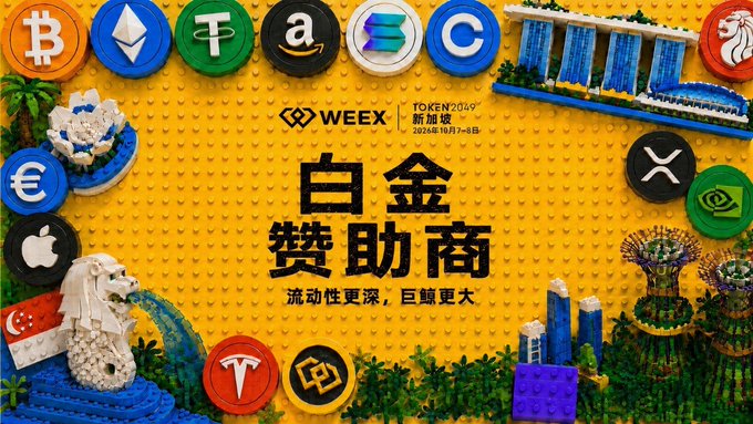 A promotional graphic for WEEK with the text "白金赞助商" (Platinum Sponsor) and "TOKEN2049 新加坡 2026年10月7-8日", surrounded by various cryptocurrency and company logos including Bitcoin, Ethereum, Tether, Amazon, Solana, USD Coin, and Tesla.