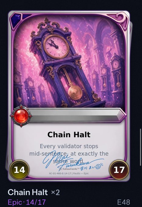 A digital trading card titled "Chain Halt" with stats 14/17, depicting ornate purple grandfather clocks in a mystical setting, signed by the developer of the game "Some Worlds."