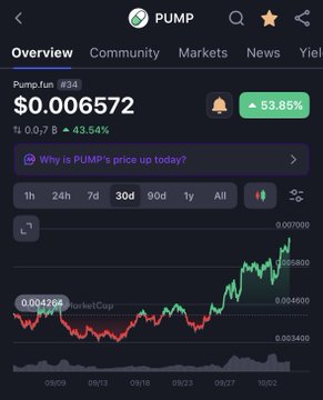 A mobile screenshot from a cryptocurrency tracker showing PUMP token at $0.006572, up 53.85%, with a price chart displaying gains over a 30-day period.