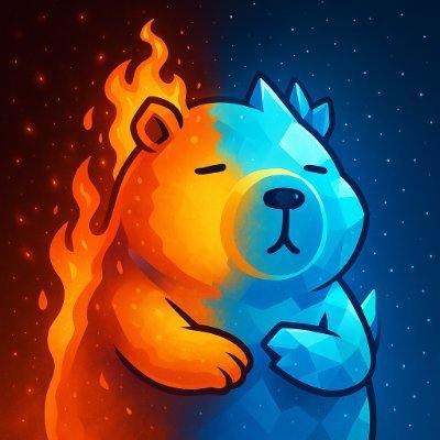 An illustration of a bear that is split between fire/flames (orange) on one side and ice (blue) on the other, set against a starry space background.