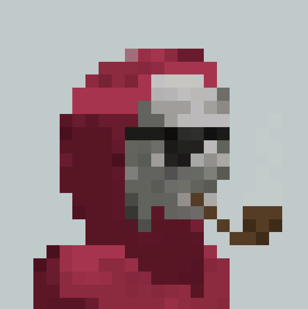A low-resolution pixel art rendering of a figure in a red hooded cloak or helmet, appearing to hold a brown pipe or stick.