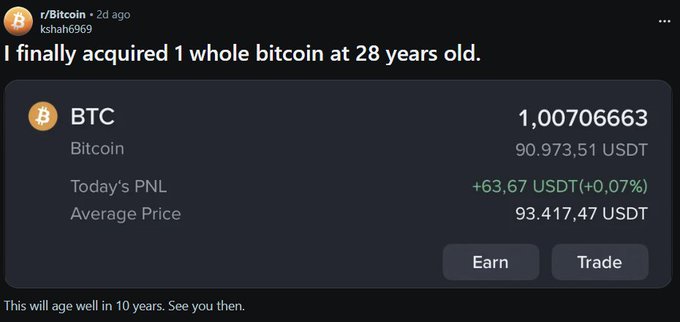 A Reddit user u/kshah6969 celebrates acquiring 1 whole Bitcoin (1.00706663 BTC) at 28 years old, showing their holdings in a portfolio app with an average price of $93,417.47 USDT, and ends with a hopeful note about holding for 10 years.