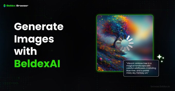An advertisement for 'Beldex Browser' promoting 'BeldexAI' to generate images, showing an AI-generated colorful 'vibrant rainbow tree in magical landscape' based on a text prompt.