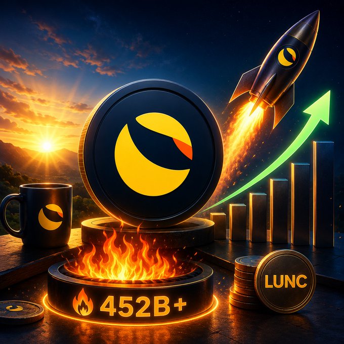 A promotional crypto graphic displays a LUNC coin logo on a pedestal with flames, showing '452B+', alongside a rocket, a green upward arrow, bar charts, and additional LUNC tokens.