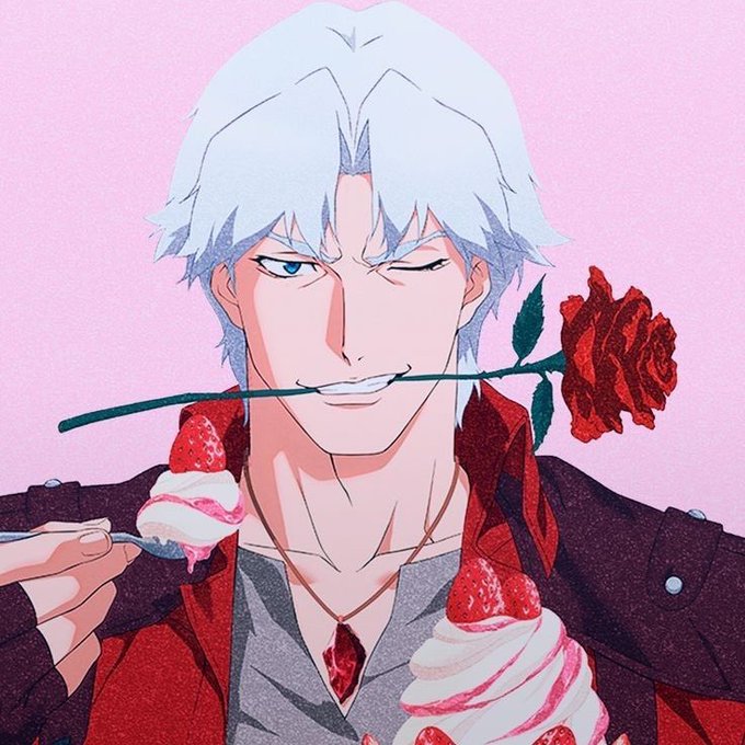 Anime-style illustration of a white-haired character winking while holding a red rose in his mouth, wearing a red jacket and a red gem pendant, with strawberry desserts in the foreground.