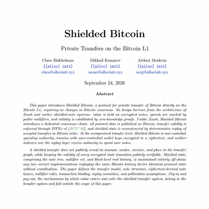 The image shows the title page of an academic paper titled "Shielded Bitcoin: Private Transfers on the Bitcoin L1" by Clara Shikhelman, Mikhail Komarov, and Aleksei Moskvin, dated September 24, 2026. The paper's abstract outlines a protocol for private Bitcoin transfers using zero-knowledge proofs inspired by Zcash's shielded-note design, directly illustrating the post's description of a new proposal for private bitcoin transactions that hides amounts and participants while leaving peg-in/peg-out mechanisms for future work.