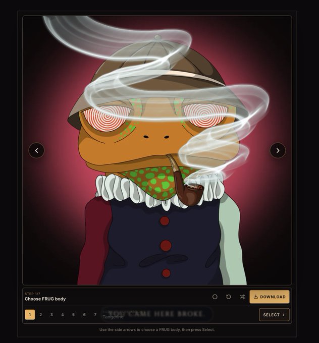 A digital NFT artwork titled 'FRUG CAME HERE BROKE' featuring a stylized frog-like character with hypnotic spiral eyes, wearing a hat and smoking a pipe, with smoke swirls around its head.