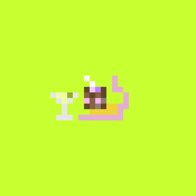 A pixelated sprite on a bright green background depicting a character with brown hair and purple accents holding what appears to be a yellow object.