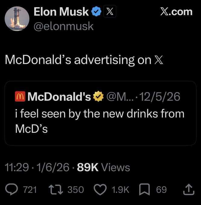 The image features a screenshot of the Twitter account for the account @elonmusk, which includes some text about advertising from McDonald's. A link leads to an article titled "Time for @McDonalds to accept Dogecoin." This suggests that the content shared on this account is related to the topic of digital currency and its relevance to the fast-food industry. The post encourages the followers to share their thoughts on accepting digital coins, possibly from @elonmusk or another relevant figure in the scene.