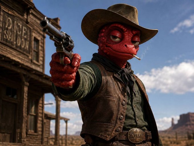 A red reptilian humanoid in cowboy attire, wearing a hat and leather vest with an 'INTERN' belt buckle, points a revolver toward the camera in a dusty Old West town, with a building reading 'LODGE SALOON' in the background.