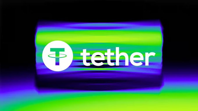 The Tether logo is prominently displayed against a glitchy, colorful purple and green background, representing the company's failed $120 million Bitcoin mining project in South America.