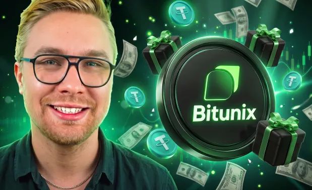 A promotional image for 'Bitunix' cryptocurrency exchange featuring a smiling man with glasses against a green background with Tether (USDT) coins, gift boxes, and falling dollar bills.