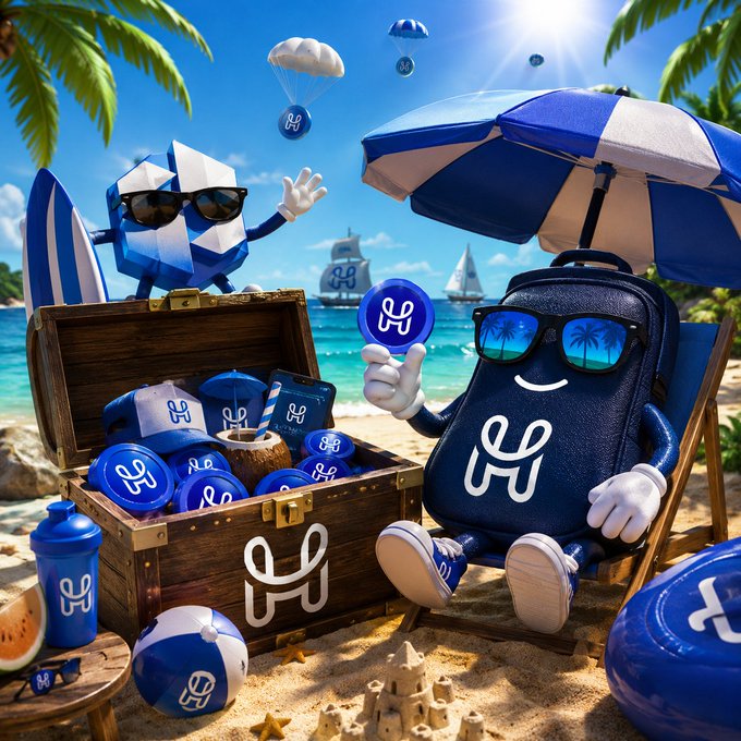A 3D-rendered beach scene featuring blue H-bar logo mascots relaxing under umbrellas, with one sitting in a treasure chest full of branded merchandise and coins.