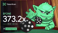 The image shows a promotional crypto token scanner graphic featuring a green goblin-like creature holding dice, with the text "$FONE 373.2x" and a 15-minute token gain chart from TokenScan. It corresponds to the post's claim of a free 373.2x gain on the $FONE token, using the cartoon character and dice imagery to convey the "gambling on crypto" theme of catching early pumps for massive multipliers.
