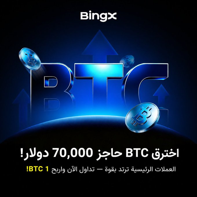 A BingX cryptocurrency advertisement in Arabic celebrating Bitcoin breaking the $70,000 barrier, urging users to trade BTC now.