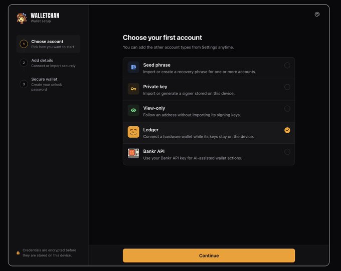 WalletChan wallet setup screen showing 'Choose your first account' options including Seed phrase, Private key, View-only, Ledger (selected), and Bank API.