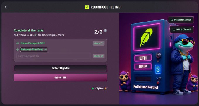 A Robinhood Testnet promotional interface showing a task completion screen with '2/2' tasks done, including 'Claim-Passport-NFT' and 'Retweet-The-Post', offering 0.01 ETH every 24 hours, featuring a cartoon frog character next to an ATM-like machine labeled 'ETH DRIP'.