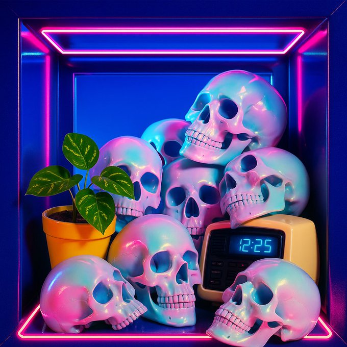 A neon-lit 3D render of a glass display cabinet filled with iridescent pink and blue skulls, a potted plant, and a yellow digital clock showing '12:25'.