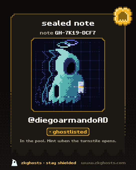 A pixel-art style digital 'sealed note' featuring a blue ghost character with a halo, labeled 'note GH-7K19-DCF7' and '@diegoarmandoAD' with a 'ghostlisted' tag, from zkghosts.com.