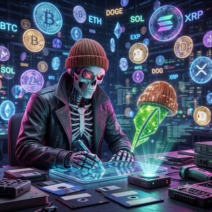 A cyberpunk-style illustration of a skeletal figure wearing a beanie and leather jacket, writing at a holographic console surrounded by floating cryptocurrency logos including BTC, ETH, SOL, DOGE, and XRP.