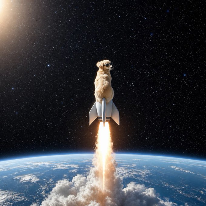 The image features a large, light brown dog wearing sunglasses sitting on top of a rocket ship that has just taken off into space. The dog appears to be enjoying its ride as they float above Earth's atmosphere. The caption "$DOGE" is written in white text at the bottom of the image, which seems to be related to the post about dogs and space travel.