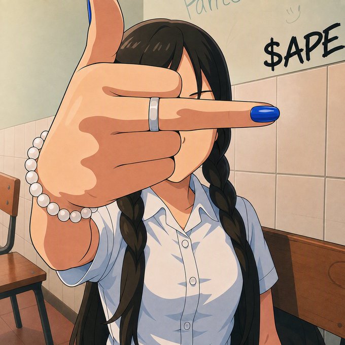 An anime-style illustration shows a girl with twin braids extending her hand toward the viewer, sporting blue nail polish, a silver ring, and a pearl bracelet, while the text "$APE" is scrawled on the tiled wall behind her. The image playfully ties into the post's "D.gens in control" message, with the bold "$APE" ticker visually emphasizing the weekend's ape-themed meme vibe.