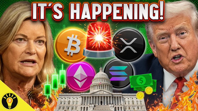 This graphic features Donald Trump and Senator Cynthia Lummis alongside cryptocurrency logos (Bitcoin, Ethereum, XRP, Solana) and U.S. Capitol building, suggesting a discussion about regulatory developments impacting these digital assets. The text "IT'S HAPPENING!" and a flashing siren indicate urgent news related to tokenization, the Clarity Act, Bitcoin's price, and XRP.