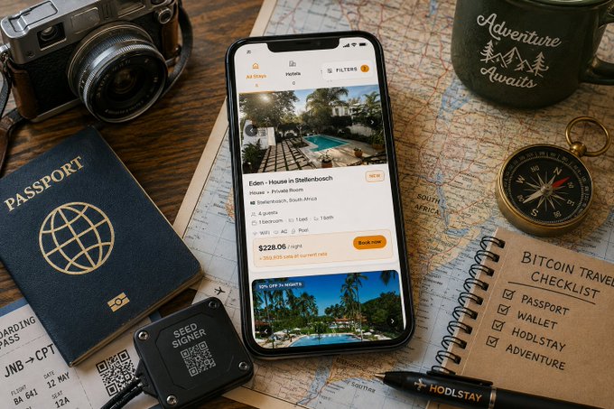 A flat-lay photograph featuring a smartphone displaying a travel app with a listing for "Eden - House in Stellenbosch" priced at $228.06/night, surrounded by a passport, vintage camera, compass, "Bitcoin Travel Checklist" notebook, seed signer device, and a mug reading "Adventure Awaits."