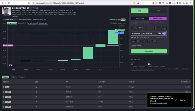 The image shows a cryptocurrency trading interface on wwrd.app displaying the "NOTPONS" token, with a candlestick chart showing recent price activity around 0.00000247 ETH and a transaction confirmation pop-up for a buy of 893.286 NOTPONS. The post promotes a trading platform with custom algorithms, inviting the tagged users to challenge the code, which aligns with the screenshot showcasing the live trading interface and successful transaction.