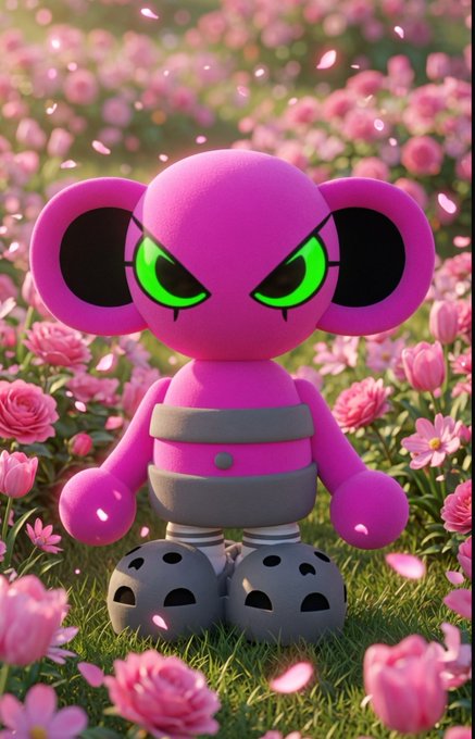 A 3D rendered pink character with large green eyes and a mischievous expression, wearing a gray diaper and gray perforated shoes, standing in a field of pink flowers and grass.