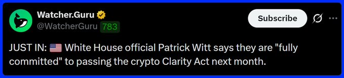 A tweet from Watcher.Guru (@WatcherGuru) reports that White House official Patrick Witt stated the administration is "fully committed" to passing the crypto Clarity Act next month. The image accompanies a post expressing skepticism, noting this is a repeated promise after previous missed deadlines from February and April, with the latest target now set for September.