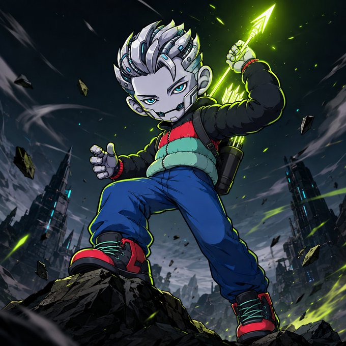 A cybernetic child character with glowing blue eyes and spiked white hair stands triumphantly on rocky terrain, wielding a glowing green energy spear amid a destroyed futuristic cityscape. The image visually reinforces the "AIBORGZ" post's theme of evolution and rewriting, depicting a young cyborg warrior emerging from the ruins—ready for battle.