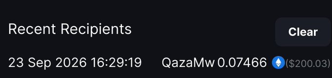 A dark-themed digital interface showing 'Recent Recipients' with a transaction dated '23 Sep 2026 16:29:19' sent to 'QazaMw 0.07466' valued at approximately '$200.03', alongside a 'Clear' button.