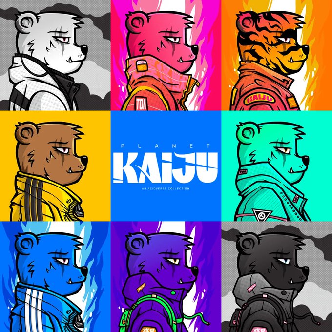 A 3x3 grid of stylized bear character illustrations in various colors (white, pink, orange, brown, teal, blue, purple, black) with the center panel reading 'KAIJU AN ACIDVERSE COLLECTION'.