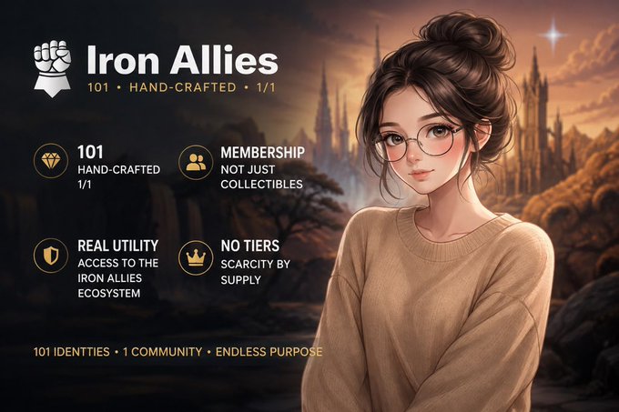 An illustrated woman with glasses alongside "Iron Allies" branding, listing features: "101 HAND-CRAFTED 1/1", "MEMBERSHIP NOT JUST COLLECTIBLES", "REAL UTILITY ACCESS TO THE IRON ALLIES ECOSYSTEM", and "NO TIERS SCARCITY BY SUPPLY".