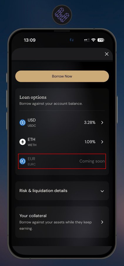 A mobile screenshot of the EtherFi app's borrowing interface showing loan options including USD/USDC at 3.28%, ETH/WETH at 1.09%, and a highlighted "EUR/EURC Coming soon" option (circled in red). The image illustrates the post's point that EtherFi is preparing to add EUR borrowing capabilities to its platform.