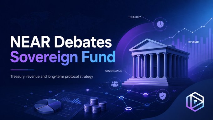 A promotional graphic titled 'NEAR Debates Sovereign Fund' discussing treasury, revenue, and long-term protocol strategy, featuring a classical building illustration alongside charts and icons.