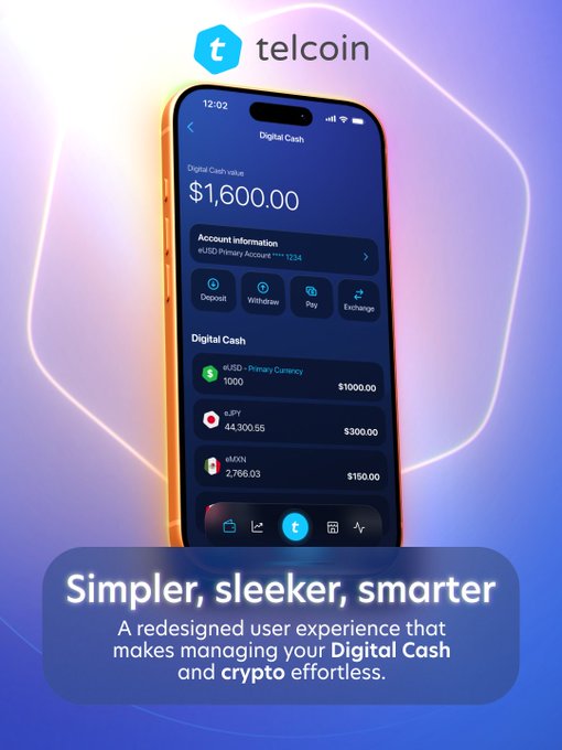 Telcoin app advertisement showing a smartphone displaying Digital Cash balance of $1,600.00 with the tagline 'Simpler, sleeker, smarter'.