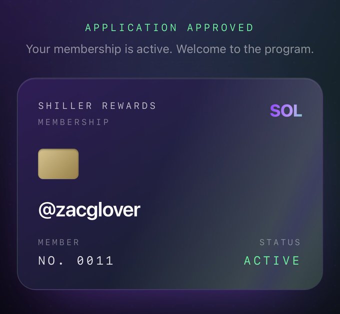The image shows a credit card application form for a rewards program called "SOL". The form has a purple background with white text, and it appears that the user's application was approved. The text on the form reads "Your membership is active. Welcome to the program."