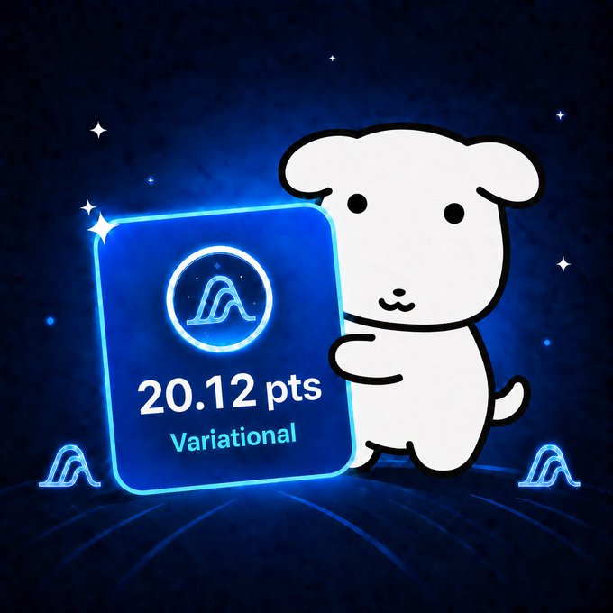 A cute cartoon white dog mascot holding a glowing blue card displaying '20.12 pts' with 'Variational' branding and a stylized 'A' logo on a starry background.